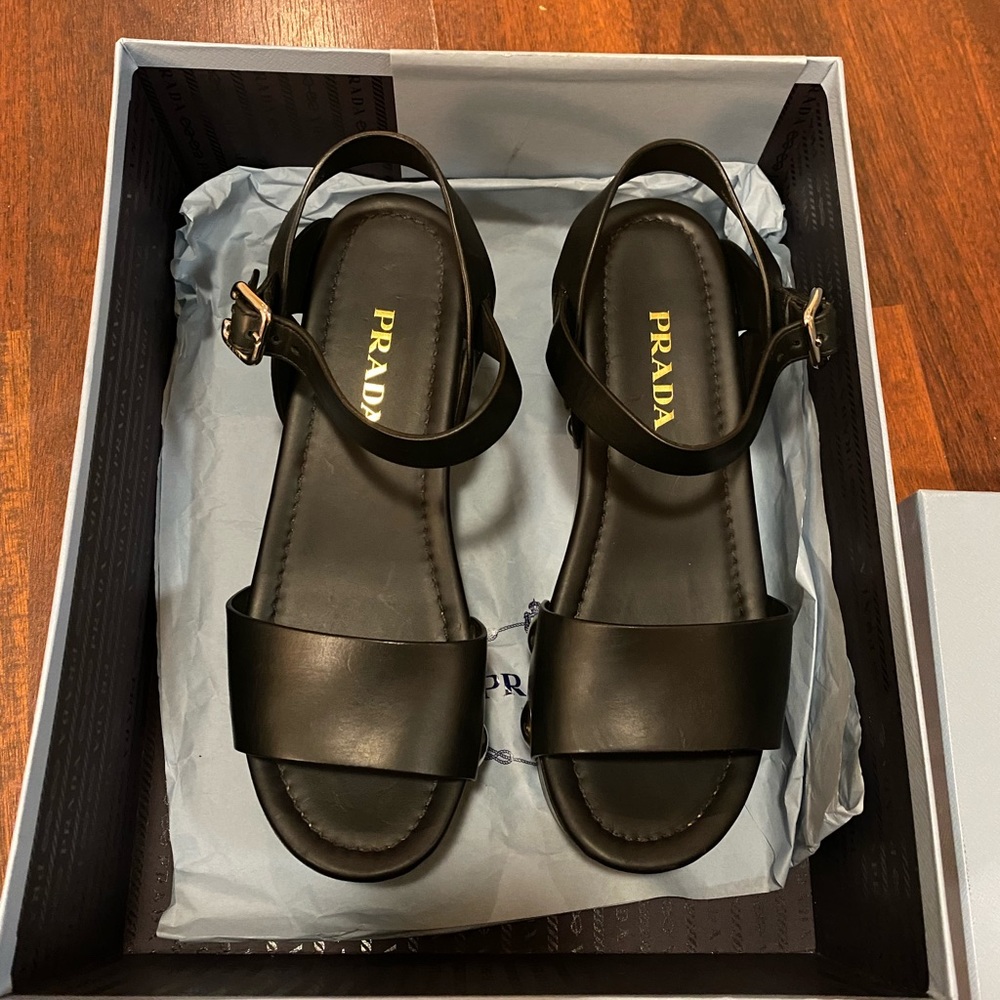 Prada Black Wedge Sandals - New - Size 37.5 - Picture 2 of 6